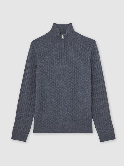 Denim Blue 100% Cashmere Cable Knit Zip Jumper