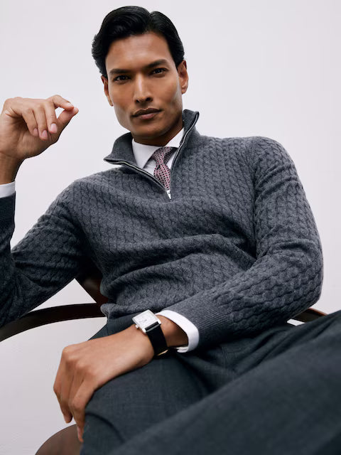 Denim Blue 100% Cashmere Cable Knit Zip Jumper