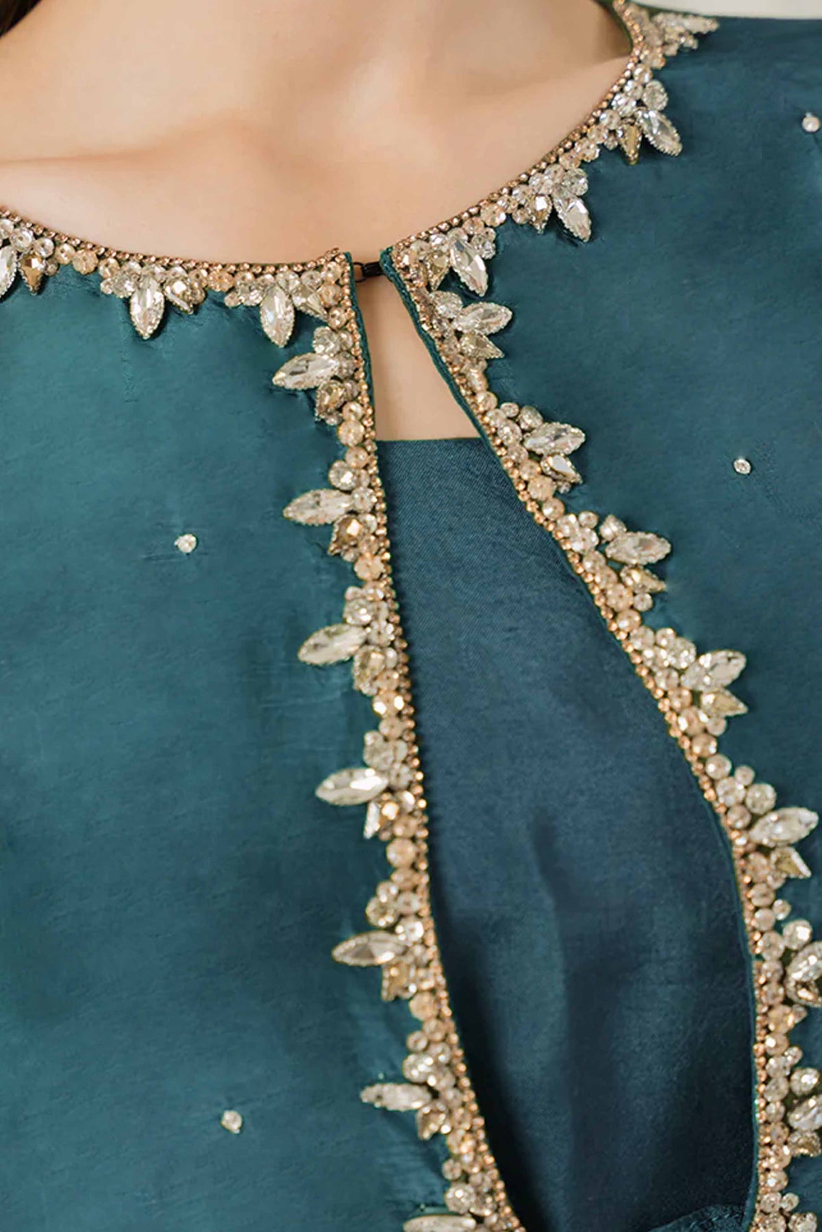 Hand Embellished Teal Green Long Gown